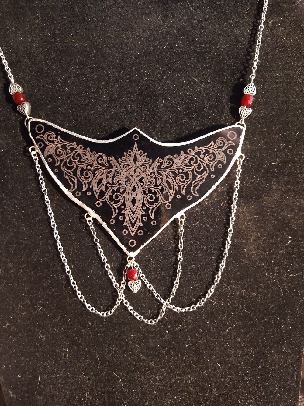 Dark Red Stained Glass Silver Ornamental Bib Necklace w Genuine Garnet Accents